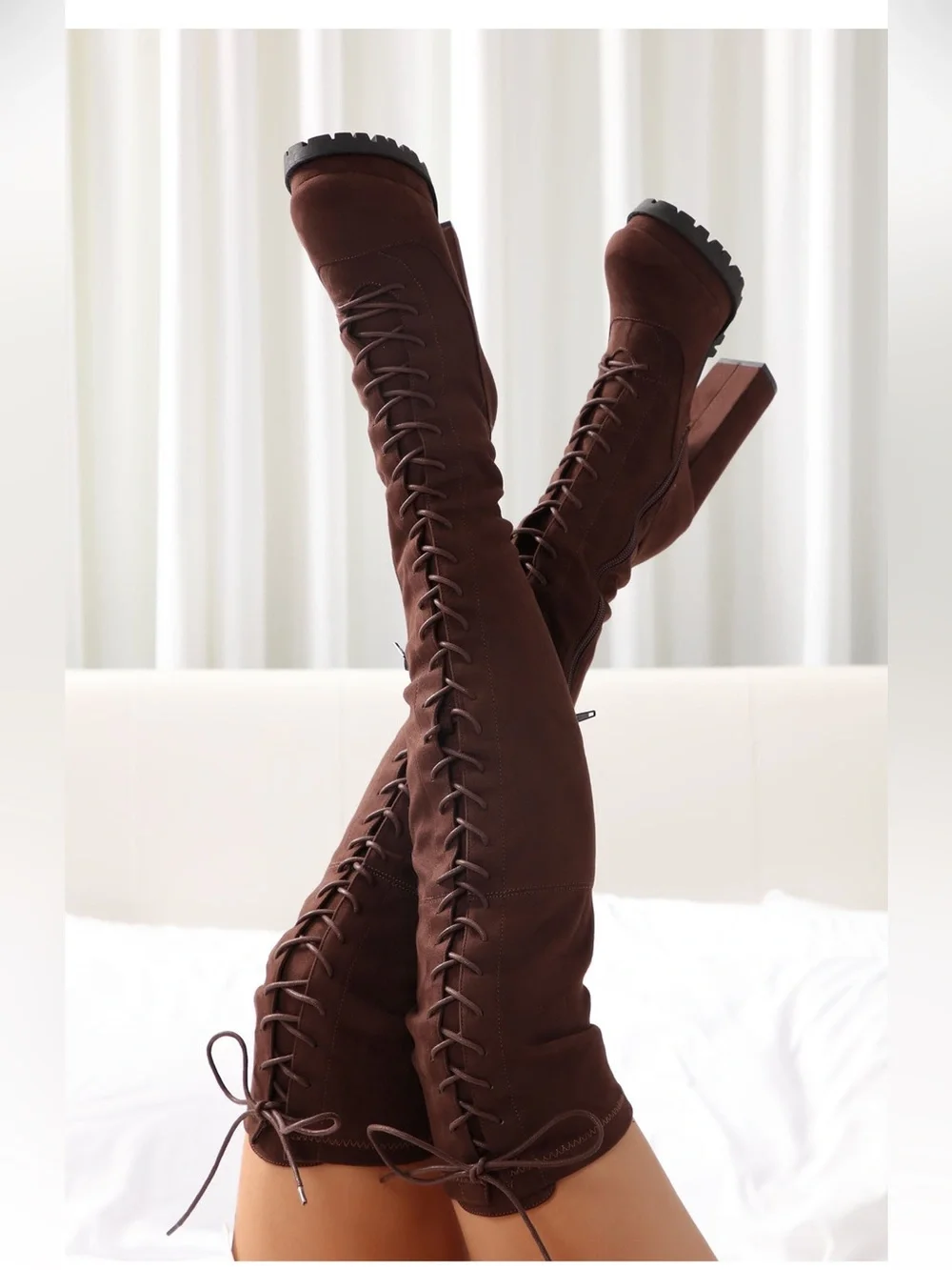 Brown Over-the-Knee Lace-Up Boots - Women's Fashion
